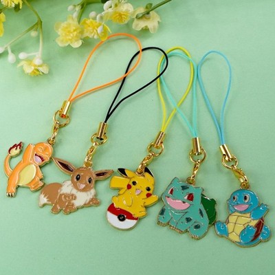 5PCS Pokemon Metal Phone Charms Pikachu Eevee Charmander Bulbasaur Squirtle