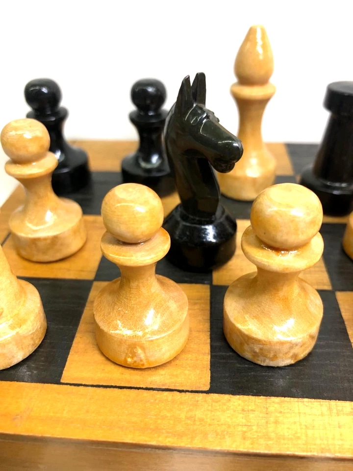 Vintage Soviet Wooden Chess Set USSR 1960-70s w/ Folding Board Box Cold War Era - Image 4 of 4