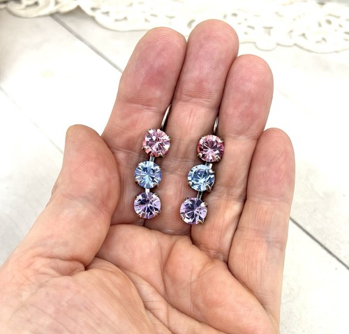 8mm Lavender, Light Blue, Pink Triple Stone Cup Chain Earrings - Picture 6 of 6