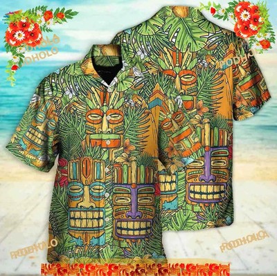 Tiki Mask Hawaiian Shirt Tropical Beach Aloha Button Up Summer Gift