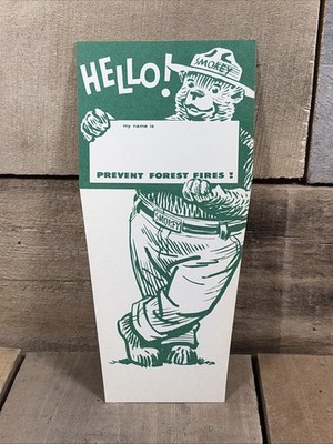 Vintage Smokey the Bear Name Tag - Hello My Name Is - Prevent Forest Fires NOS