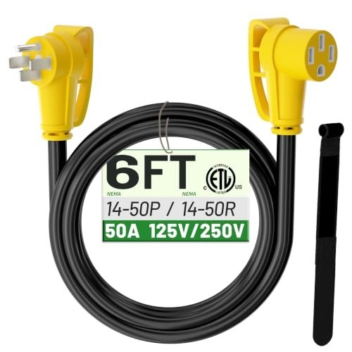 RV Extension Cord 50 Amp NEMA 14-50P to 14-50R, 6 Ft Yellow