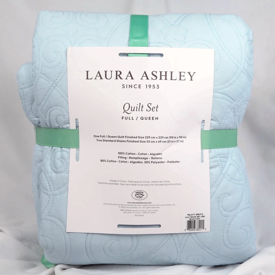 NEW Full/Queen Laura Ashley Felicity Breeze Blue Quilt Set - Image 2 of 4