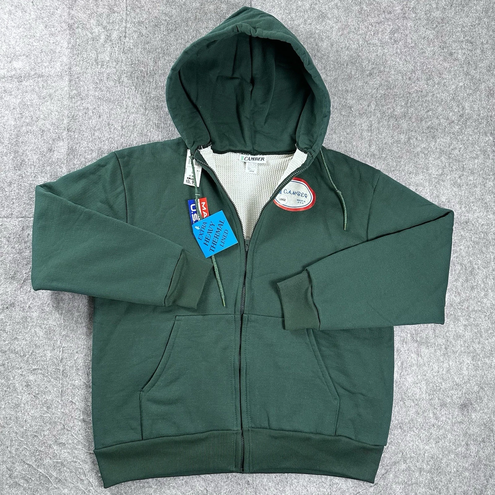 Dead Stock VTG CAMBER Thermal Waffle Lined Double Face Green Hoodie Full Zip L