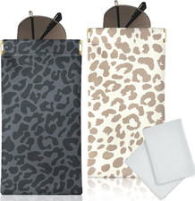 2 Pack Soft Glasses Case PU Leather Squeeze Top Eyeglass Pouch with Cloth