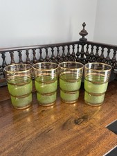 VINTAGE RETRO GREEN / Lime ETCHED SUGAR GLASSES GOLD GILT DRINKING Tumbler X 4