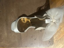 Gold Satin Strappy Open Toe Ankle Strap Block Heel Bridal Shoes w/ Bow