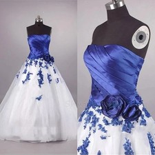 Vintage Blue White Wedding Dresses Off Shoulder Lace Applique Pleats Bridal Gown