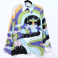 House Of Sunny Nice To Meet You Shirt Womens Size 2 Satin Graphic Button Front