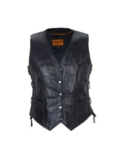 Women's Longer Cut Black Leather Motorcycle Vest with Concealed Carry Pockets