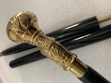 Solid Brass Head Handle Antique Style Black Shaft Wooden Walking Stick Cane Gift