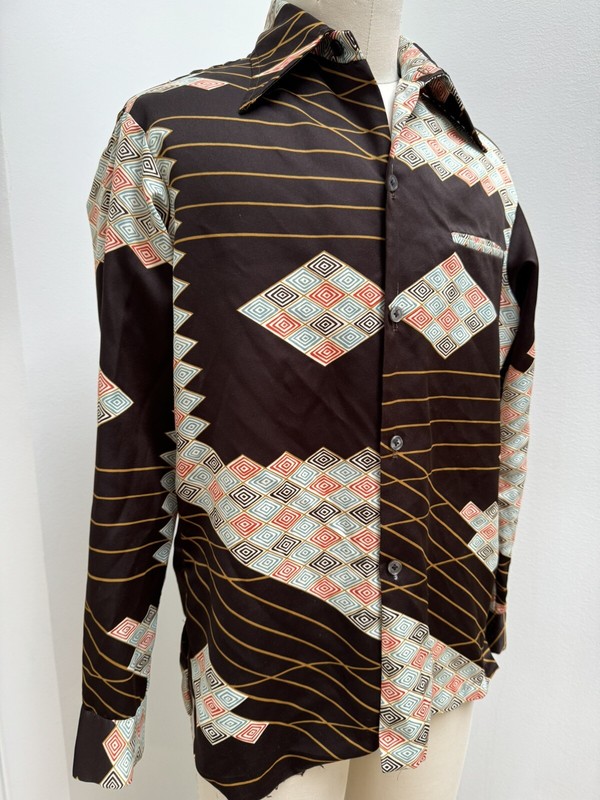 1970’s Vintage Sm/Med Disco Shirt, Brown 100% Poly 4-1/4” wide Butterfly Collar