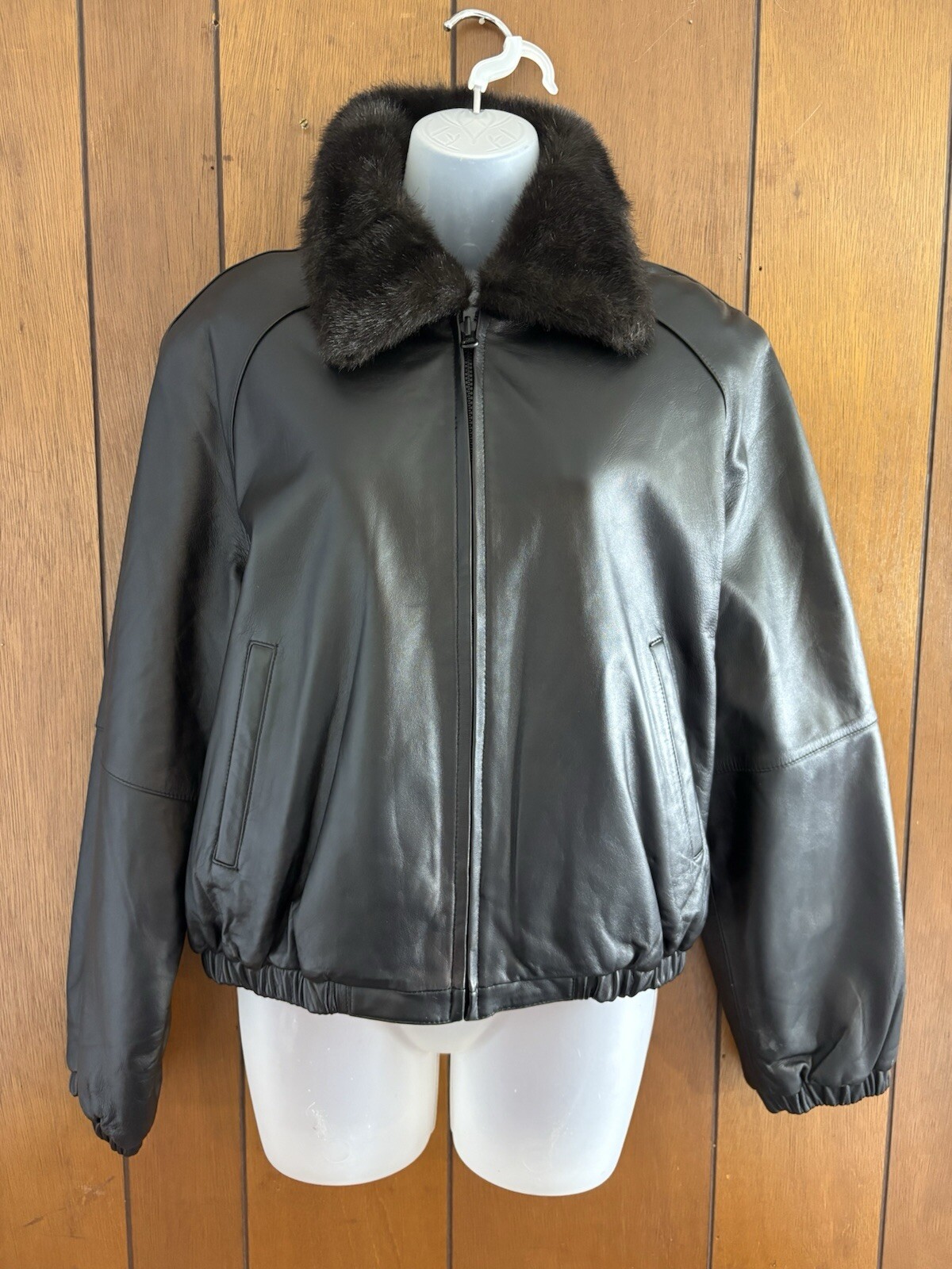 Bomber Jacket Womens Medium Reversible Black Leather Brown Alpaca Blend Y2K Glam-image