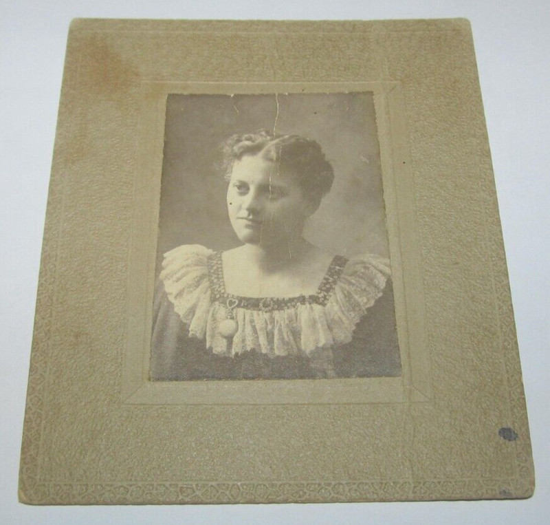 Vintage 1800s Photo Young Woman in Dress Black & White Cabinet 3" x 3.5"