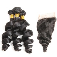 Natural Black Loose Wave Human hair 3Bundles With 4 4 Free Part Closure