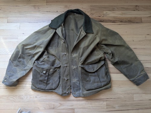 Filson Waxed Cotton Hunting Jacket Brown Size XL Style 622 Wool Collar