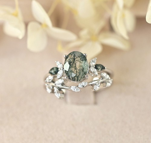 Conjunto de anillo de compromiso floral de ágata musgo y alianza de boda de plata de ley S14275 - Imagen 3 de 10