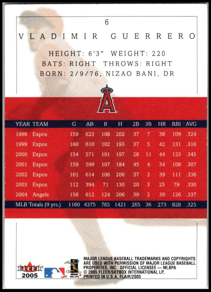 2005 Flair HOF #6 Vladimir Guerrero FREE SHIPPING! - Image 2 of 2