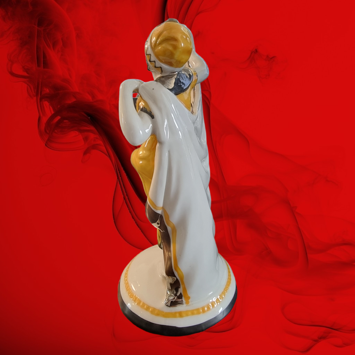 Figurine Statue Danseuse Au Foulard Style Art Déco / Art Nouveau, Porcelaine émail, 21cm, Jaune