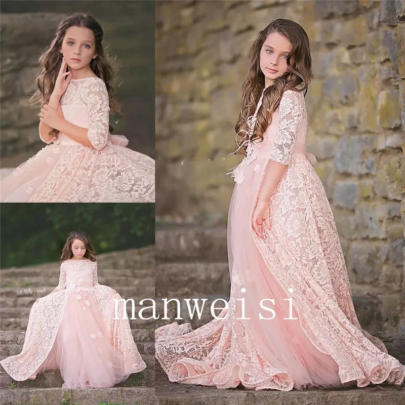 Pink Lace Girl Pageant Gown Princess Party Prom Birthday Gowns | eBay