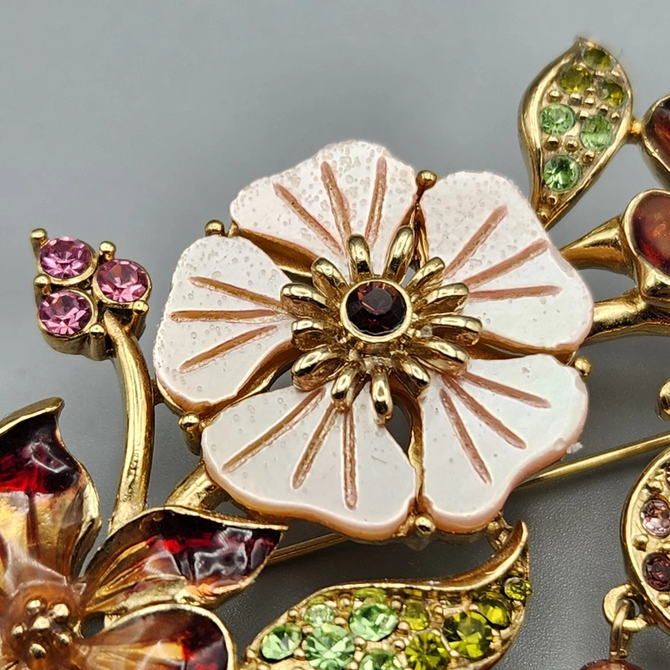 Broche en aerosol de flores mop tono dorado pedrería rosa grande marrón perlas de imitación LEER Foto 4 de 4