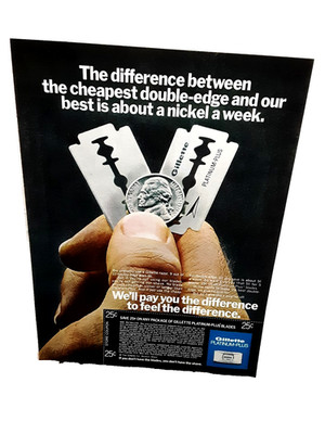1974 Gillette Platinum Plus Vintage Print Ad Double Edge Razor Nickel Theme
