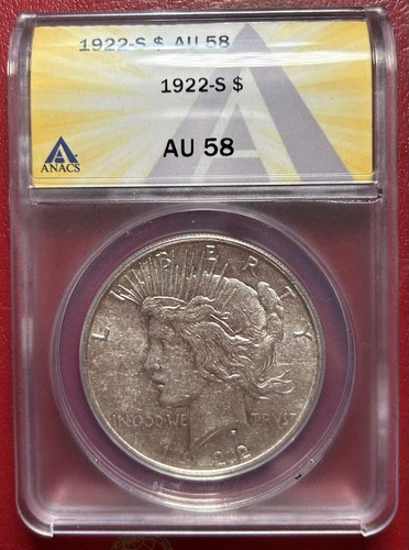 1922-S Peace Dollar. ANACS AU-58. Free Shipping