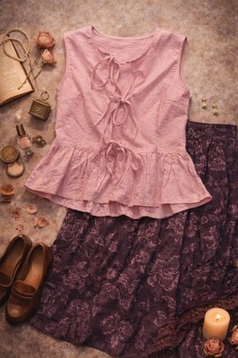 Vintage rosa Krawatte Top Blumen Rock Fee Cottagecore Outfit Paket 16
