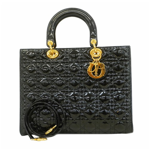 Auth [6id6049] Christian Dior Handbag Canage Lady Dior Enamel Black Gold met...