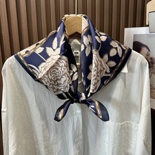 100 Silk Square Scarf Women Dark Blue Flowers Kerchief Headscarf Wrap 65 65cm