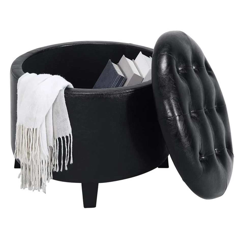 Convenience Concepts Designs4Comfort Round Storage Ottoman in Black Fabric - Image 3 of 4