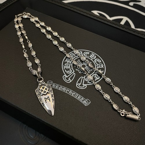 Chrome Hearts Silver Shield Pendant Necklace Gothic Amulet Bead Chain Signed