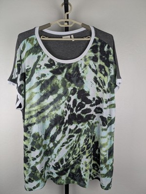 Logo Lori Goldstein 3X Boxy Tunic Top Green Gray Animal Shimmer Print