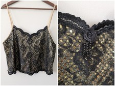 Vintage Y2K Sheer Lace Cami Top L Whimsigoth Floral Layering Sequin Black Gold