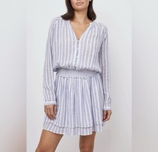 RAILS Jasmine Stripe Smocked Waist Long Sleeve Linen Blend Dress Size Large