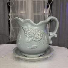 CDP Hand Crafted Pitcher PLANTER Powder Blue Glaze Rose Pottery Korea 6”