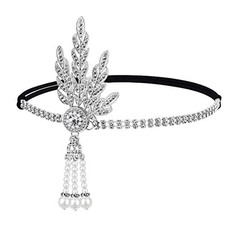 1920's Flapper Headband Leaf Rhiestones Headpiece Pearl Tassel Sliver