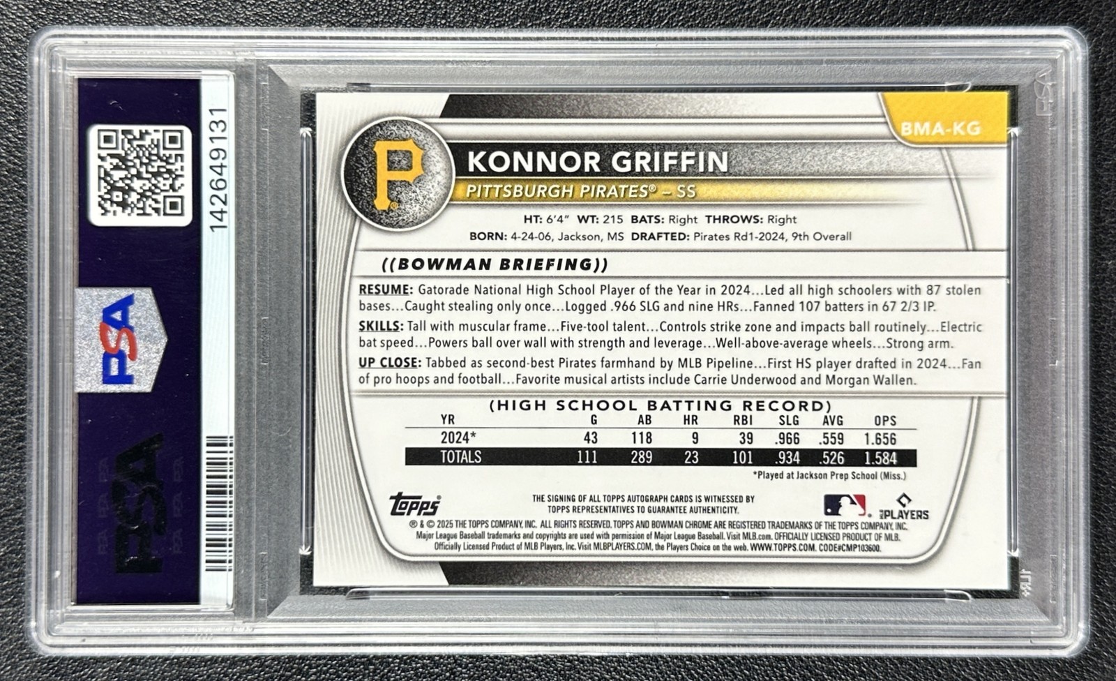 KONNOR GRIFFIN PSA 9 2025 BOWMAN CHROME #BMA-KG PROSPECT AUTO MEGA BOX REFRACTOR view 2