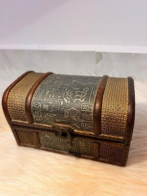 Vintage Wooden Egyptian Treasure Chest Jewelry Box Hieroglyphics Trinket Case