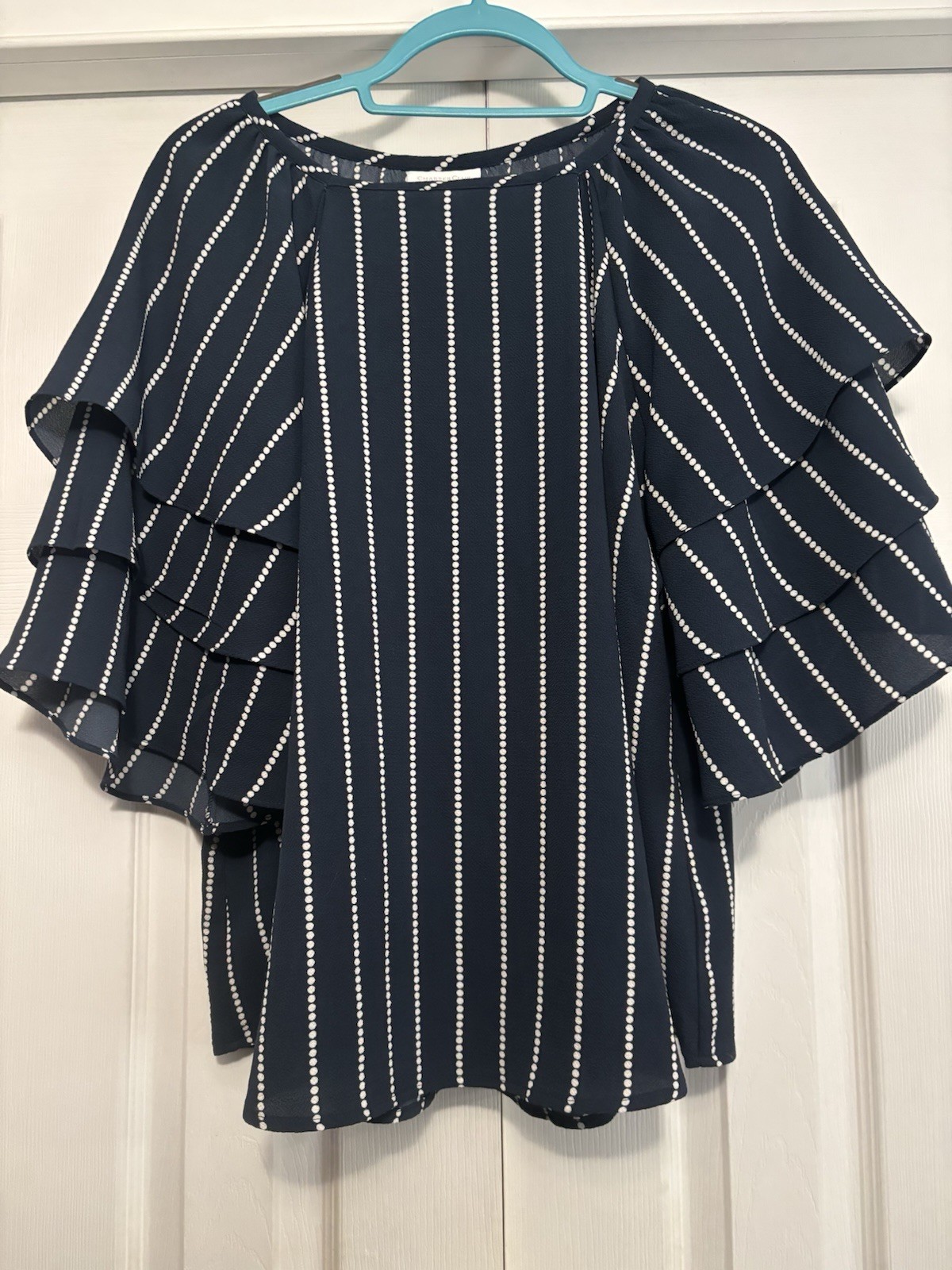 Charter Club Women's Size L Blue White Striped Ruffle Sleeve Round Neck Blouse