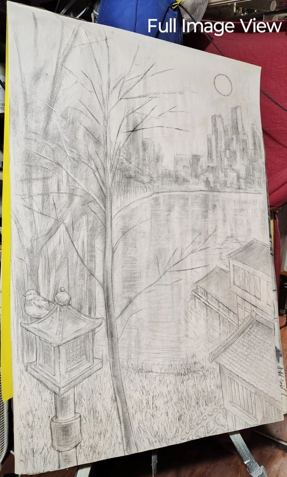 32 x 24 дюйма рисунок углем «Дом на озере» (размер плаката) от A. Avila - Изображение 2 из 4