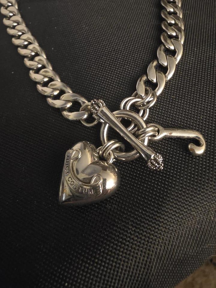 Juicy Couture Silver Tone Choker Chain Link Toggle Clasp Heart J Charms Necklace - Image 2 of 4