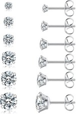 6 Pairs Stud Earrings Set, Hypoallergenic Cubic Zirconia 316L A-001-silver