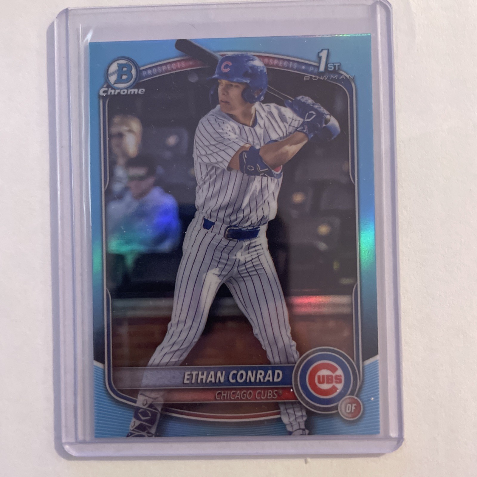 Ethan Conrad 2025 Bowman Draft Chrome Sky Blue Refractor 1st Bowman Chicago Cubs