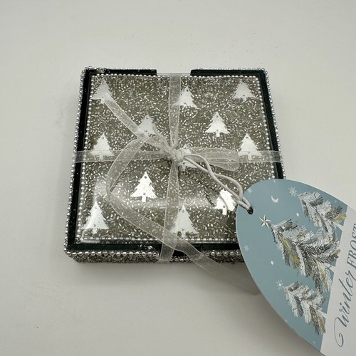 Silver Beaded Square Winter Christmas Tree Themed Coasters W/Holder Set Of 4