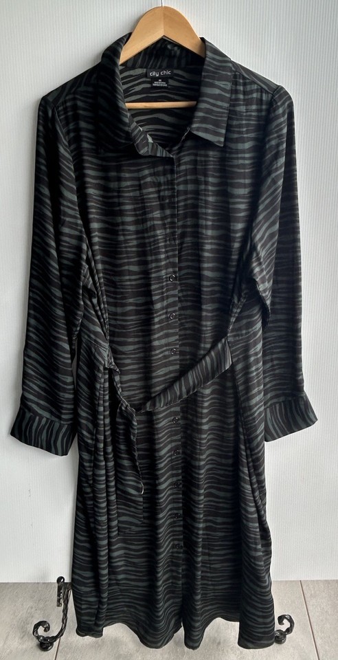 City Chic Black/Green Zebra Shirt Dress Collared Long Sleeve Belted Midi Medium