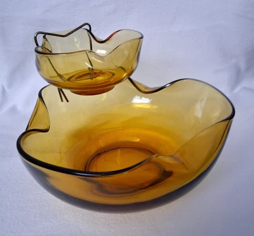 Anchor Hocking Amber Glass Chip and Dip Set Vintage Pinched Bowl with Bracket