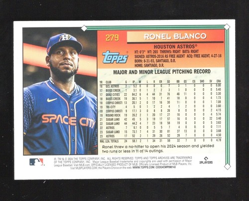 2024 Topps Archives - Yellow Foil - #279 - Ronel Blanco - Astros - RC - Bild 2 von 2