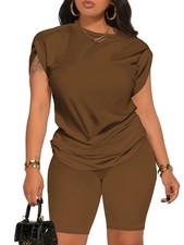 's Summer 2 Piece Outfits Tracksuits Biker Short Workout Jogger Sets Brown M