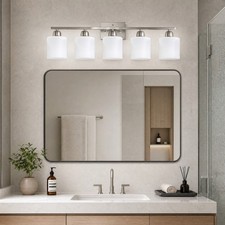 32 inch Bathroom Nickel Milk Glass LED Vanity 5 Light Mirror Wall Sconce Fixture